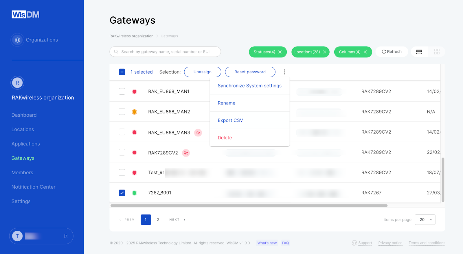 Gateways view CSV Export